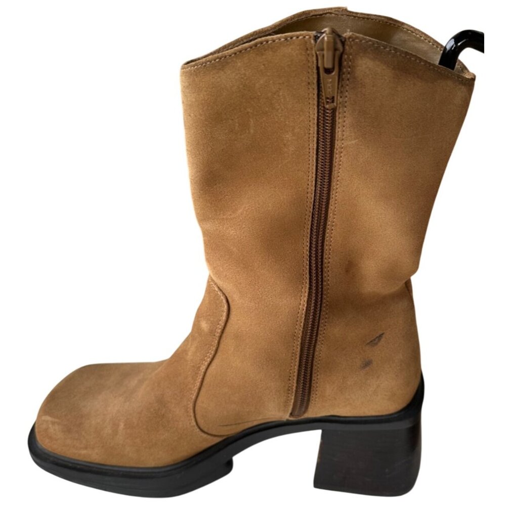 Unlisted Brand Women's Leather Upper Tan Mid Heel Boots w/Side Zip Size 8M-READ